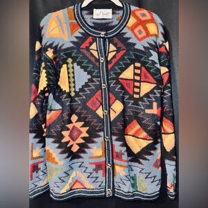 Peruvian Illary Baby Alpaca Aztec Abstract Multicoloured Cardigan size M approx.